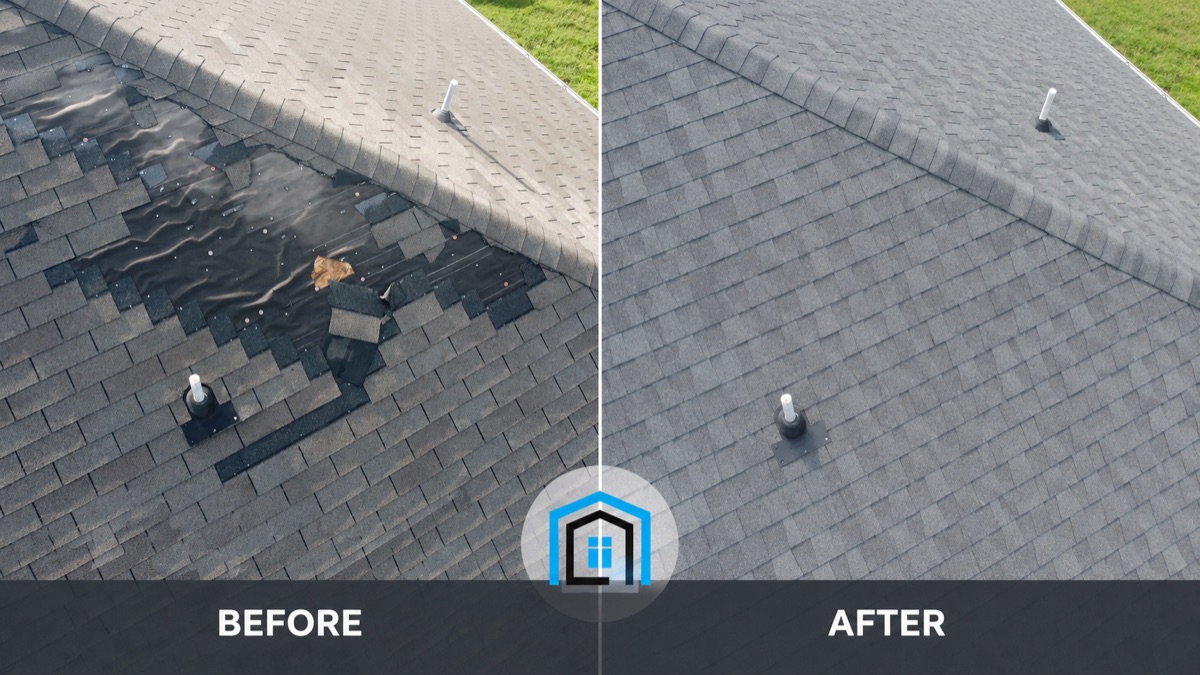 Before and after of a First Choice Roofing replacement: storm-damaged shingles on the left, a new roof on the right