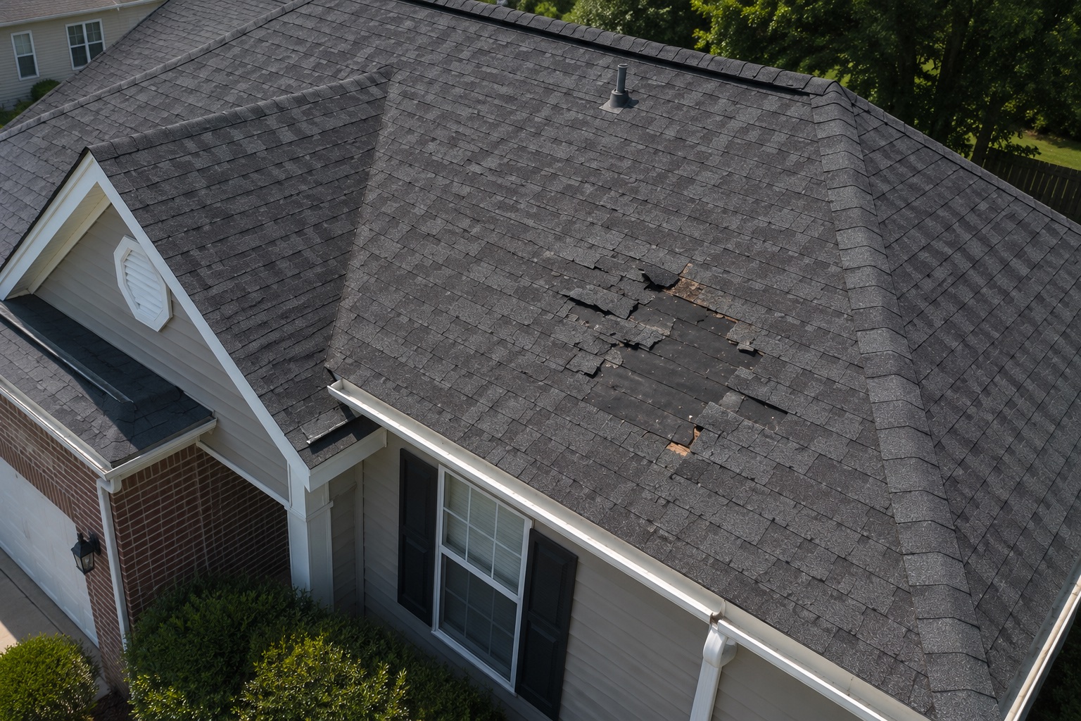 Drone view of a suburban home with a section of wind-damaged, missing shingles on the main roof slope