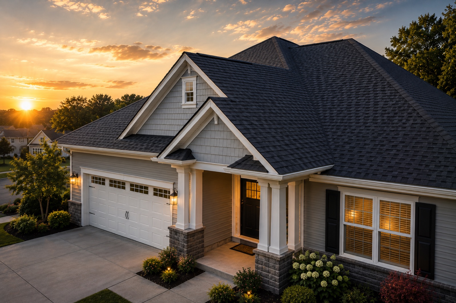 Craftsman home at sunset with a new dark architectural shingle roof installed by First Choice Roofing