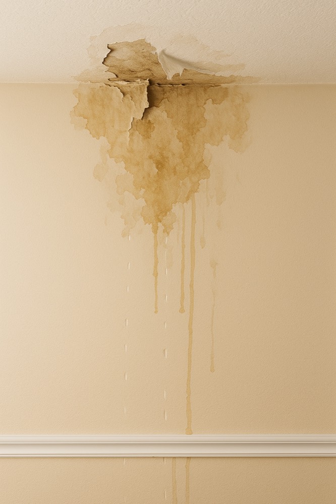 Interior ceiling water damage from a roof leak